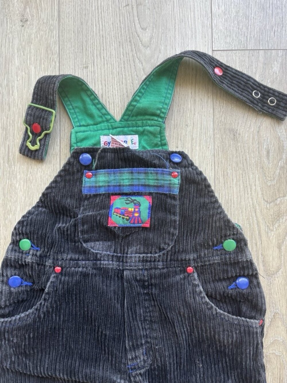 Vintage Y2K Gymboree Baby Train Corduroy Overalls Black XS Rainbow Tag